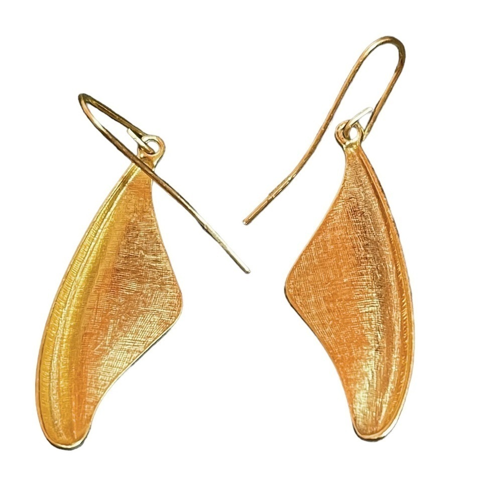 Hand Crafted 10K Gold Vermeil Modern Organic Wing‎ Earrings 1.5” Drop